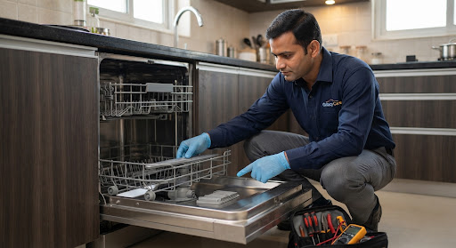 Kitchen technician examining the spray arm and internal circulation pump mechanism of a modern stainless steel built-in dishwasher in an Indian modular kitchen