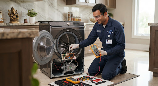 Modern certified electronics service technician in a clean uniform holding diagnostic digital multimeter calibrating a modern inverter appliance motor inside an upscale Indian home interior with ambient daylight and clean professional tools