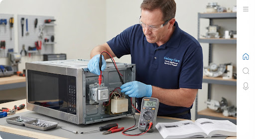 Certified appliance technician carefully testing microwave magnetron and high-voltage capacitor on an open convection microwave oven with insulated high-voltage probe equipment