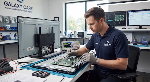Professional technician inspecting the delicate motherboard panel of a high-end 65-inch ultra slim 4K OLED Smart TV using high-precision calibration probe tools in a bright modern workshop